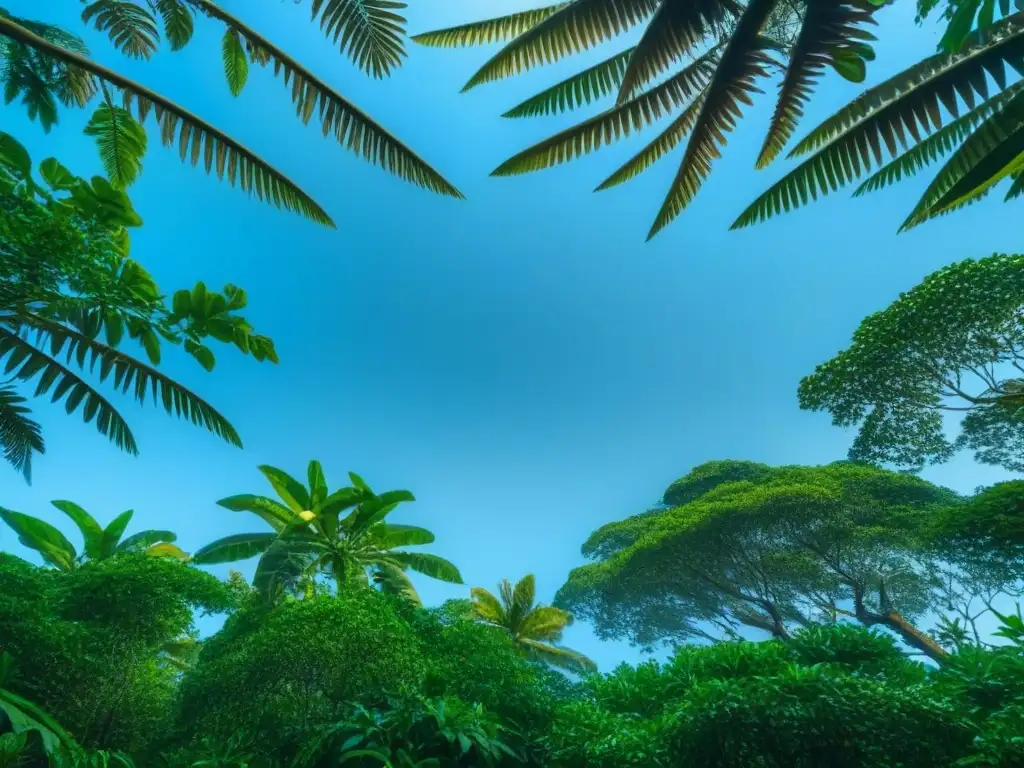 Poesía indígena y conservación ambiental: Ilustración minimalista detallada de un exuberante dosel de selva tropical, bajo un cielo azul claro
