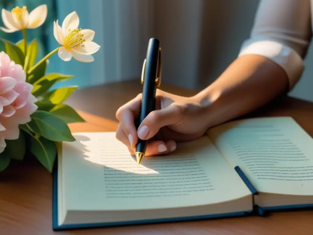 Un ambiente poético y elegante donde una pluma traduce versos entre culturas, rodeada de flores