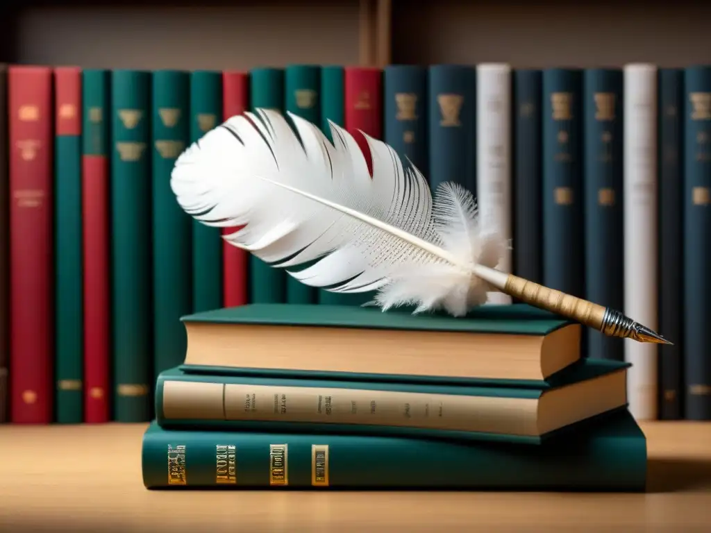 Un ambiente sereno y académico con una pluma reposando sobre libros de poesía neoclásica