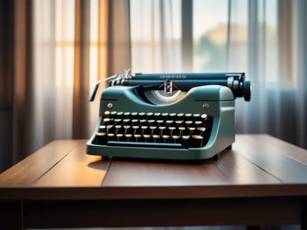 Un ambiente sereno y minimalista con una máquina de escribir vintage en un escritorio de madera, iluminado por la suave luz de la mañana