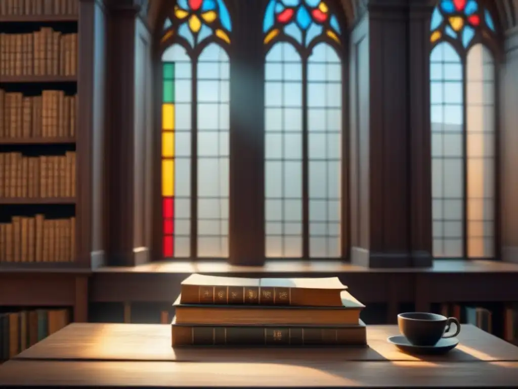 Biblioteca antigua: luz, libros y calma Ambiente solemne en una antigua biblioteca con libros antiguos y alusión en la poesía profunda