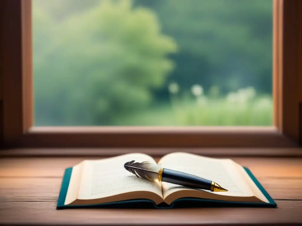 Pluma y libro: un refugio de inspiración poética Un ambiente tranquilo y creativo con pluma y libro en un escritorio de madera, inspirando la narrativa en poesía lírica