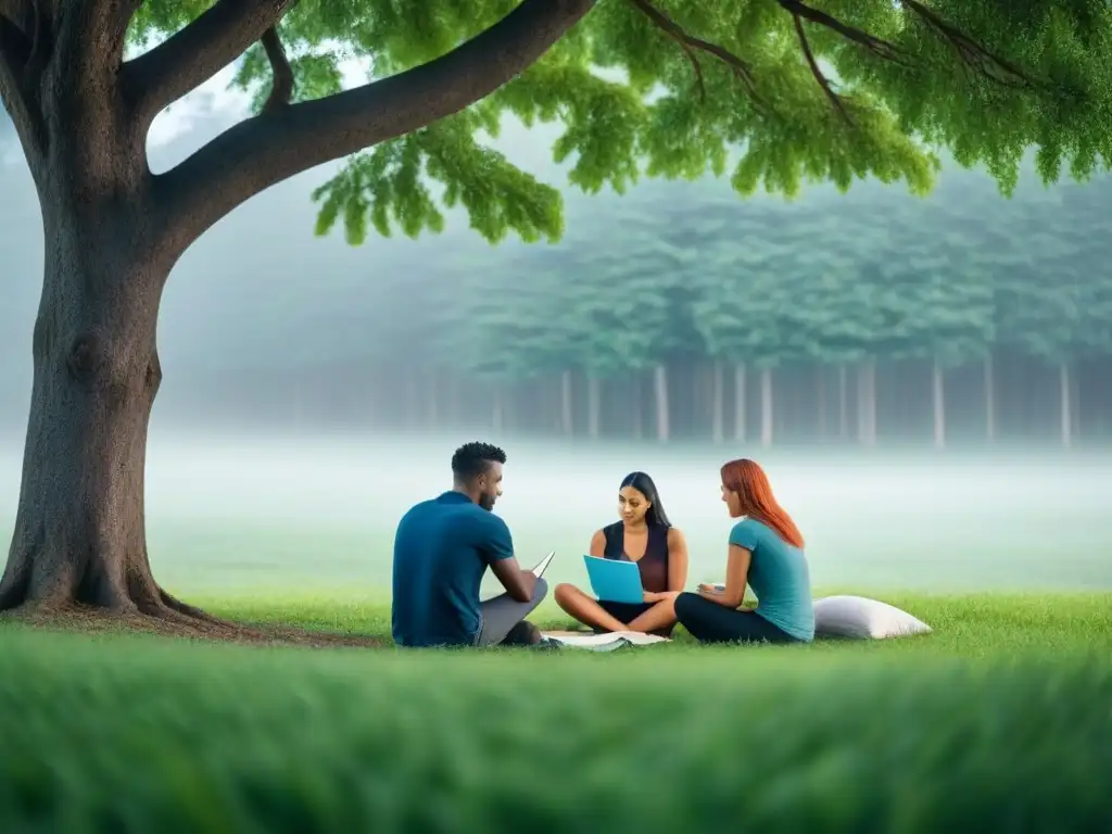 Amigos en un retiro poético, escribiendo en un prado rodeado de árboles altos