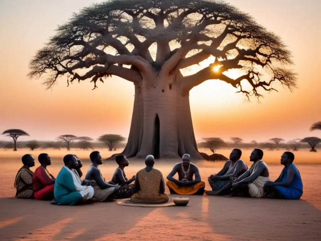 Narrador africano bajo baobab: historias al atardecer Un anciano africano cuenta historias bajo un baobab al atardecer, rodeado de oyentes atentos