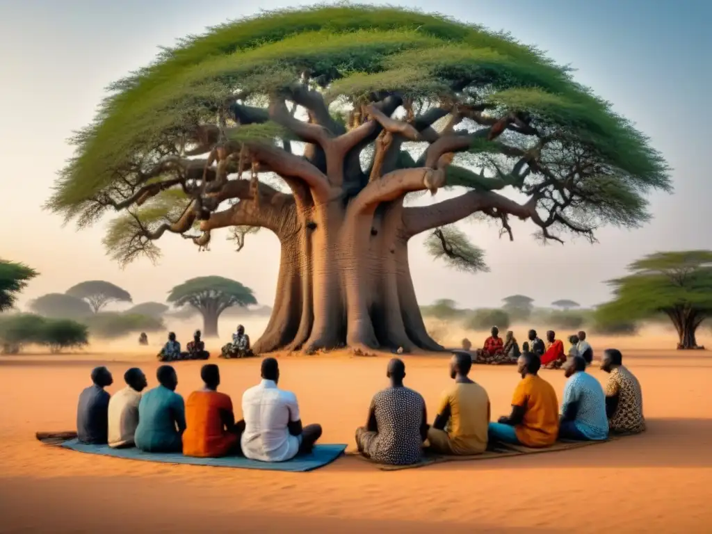 Un anciano cuenta historias bajo un baobab, cautivando a su audiencia con la riqueza cultural africana