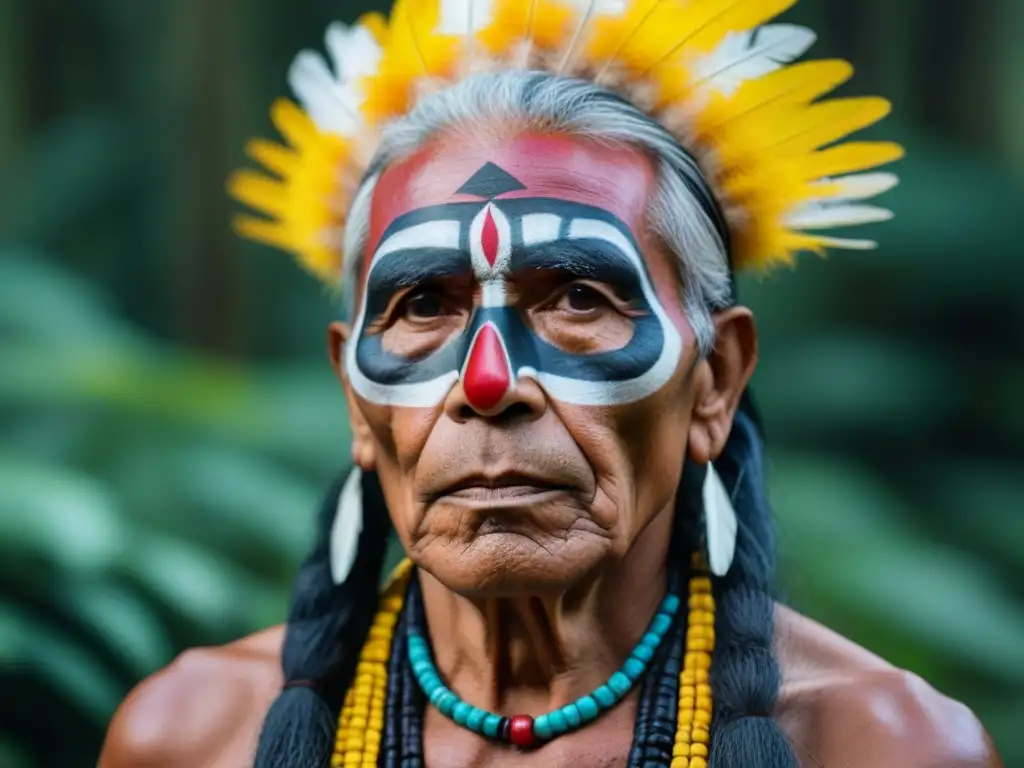 Un anciano indígena con pintura facial detallada y plumas coloridas, en un bosque verde