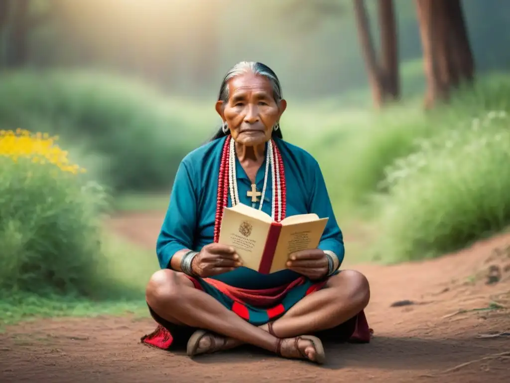 Un anciano indígena rodeado de naturaleza, sostiene un libro de poesía indígena contemporánea transformadora