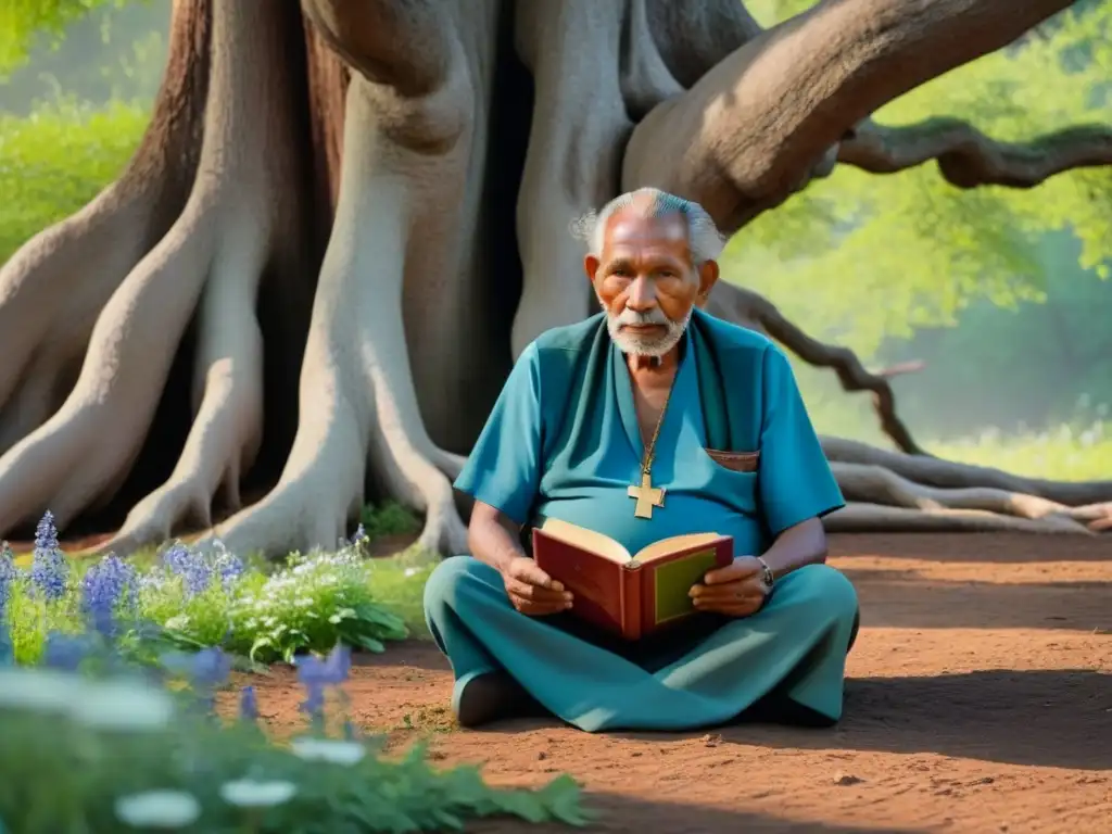 Un anciano indígena sabio cuenta historias bajo un árbol antiguo, rodeado de naturaleza y oyentes atentos