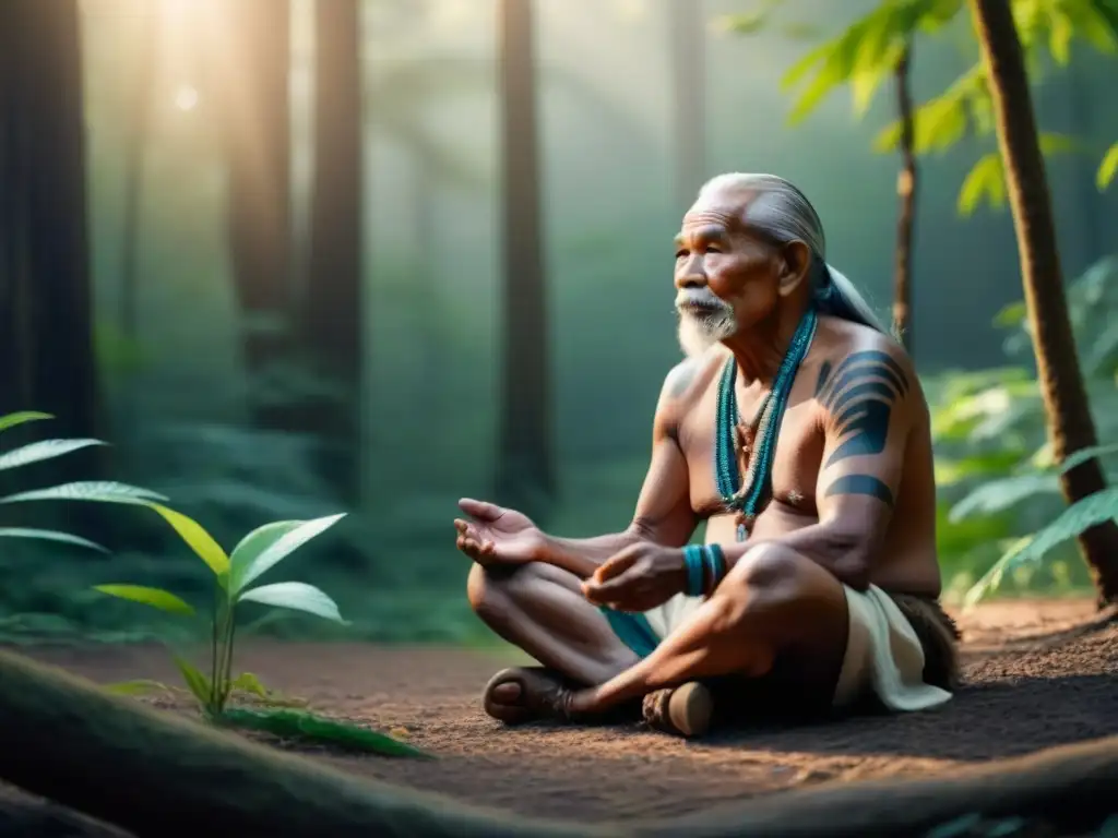 Sabiduría ancestral: anciano indígena en el bosque Un anciano indígena sentado en el bosque, rodeado de flora y fauna vibrante