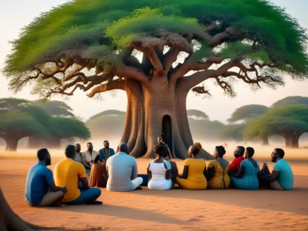 Narrador africano bajo baobab: escena serena y cautivadora Un anciano narrador africano comparte poesía bajo un Baobab al atardecer, traduciendo poesía africana al mundo