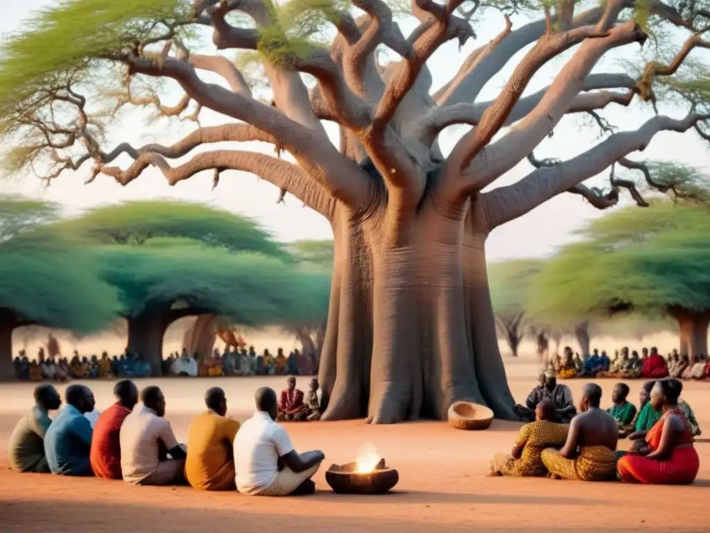 Un anciano narrador africano comparte historias bajo un baobab, rodeado de oyentes diversos, en una escena cálida y tradicional