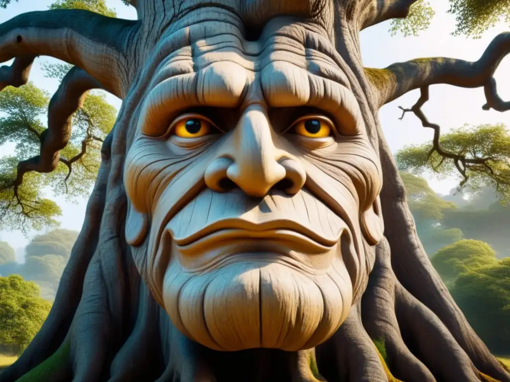 Un anciano roble con rostro humano tallado en su corteza, expresando sabiduría y misticismo