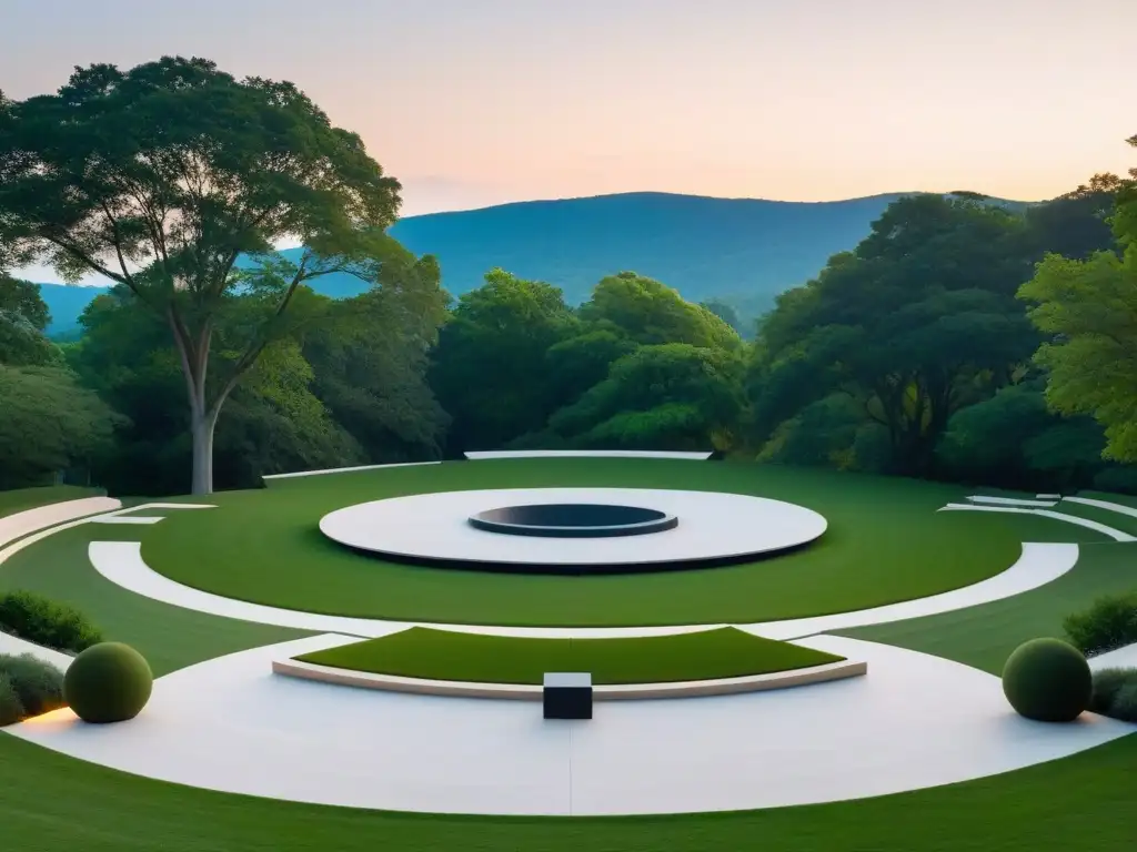 Un anfiteatro al aire libre moderno al atardecer, iluminado por una cálida luz, rodeado de naturaleza, con personas en contemplación