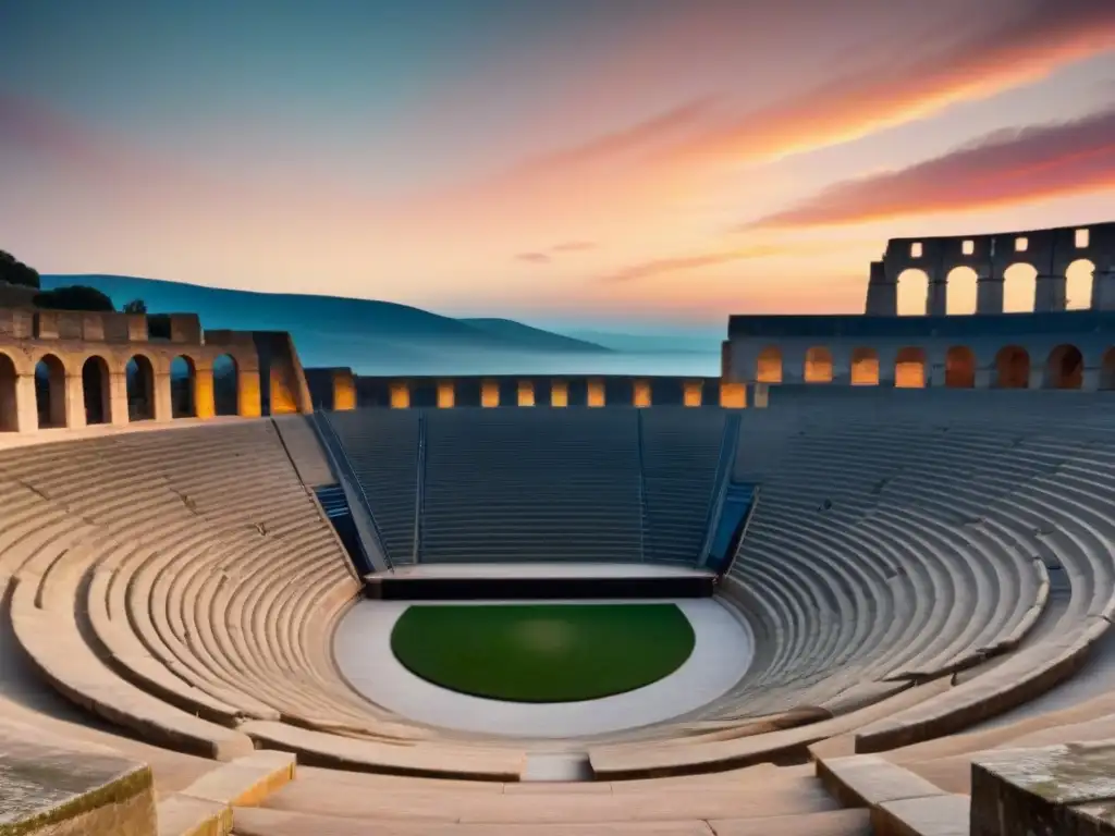 Anfiteatro antiguo al atardecer, bañado en luz dorada, invoca poesía lírica transformadora