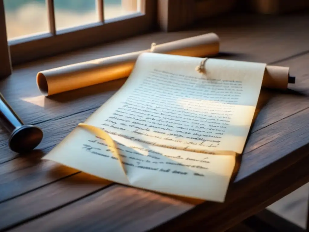 Una antigua carta sobre madera, iluminada por la luz, con caligrafía en español de realismo en verso vida estrofa