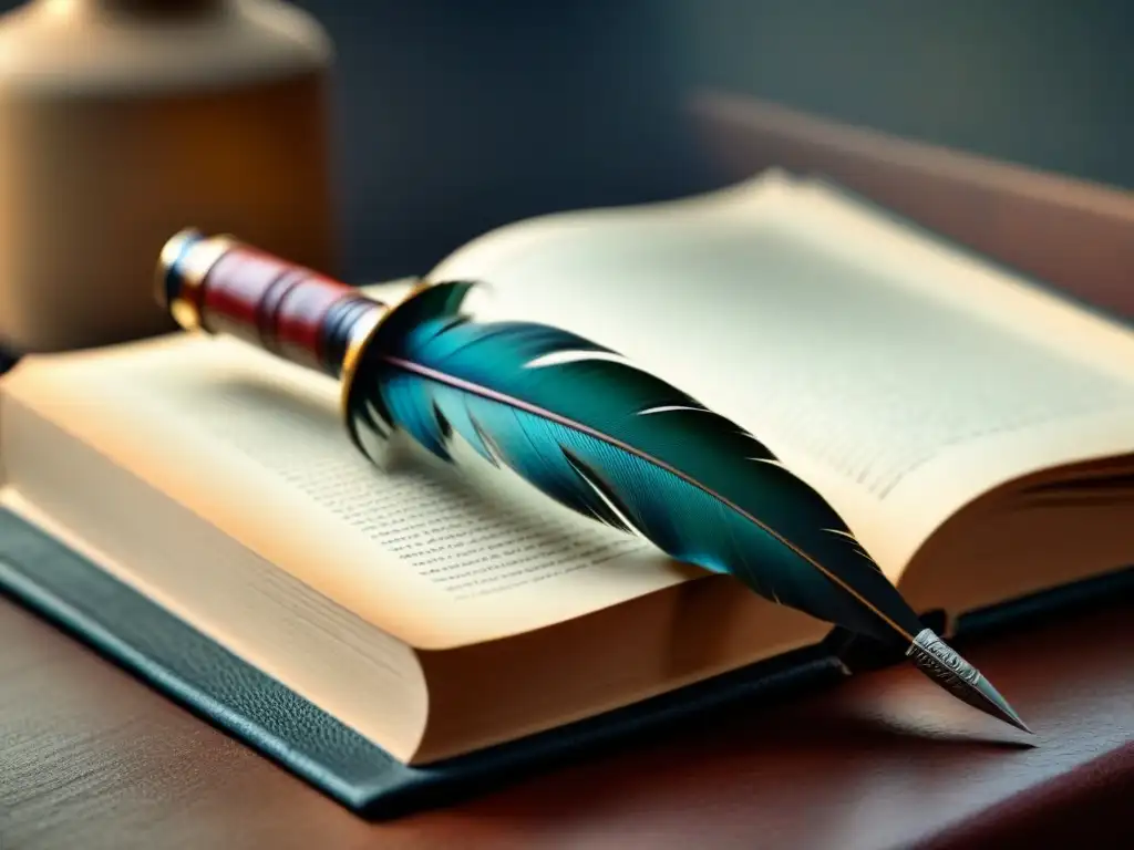 Un antiguo bolígrafo descansa sobre un libro de cuero, con luz natural creando una sutil sombra
