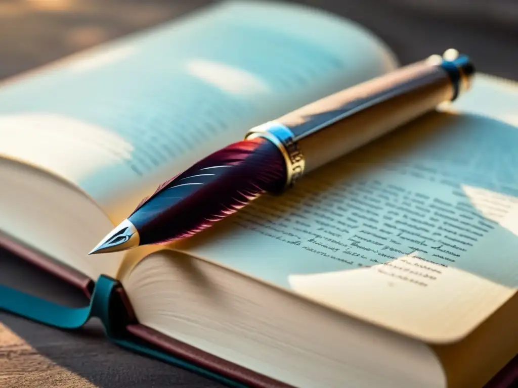 Un antiguo bolígrafo de plumas descansa sobre un libro de poesía envejecido, iluminado por una suave luz natural