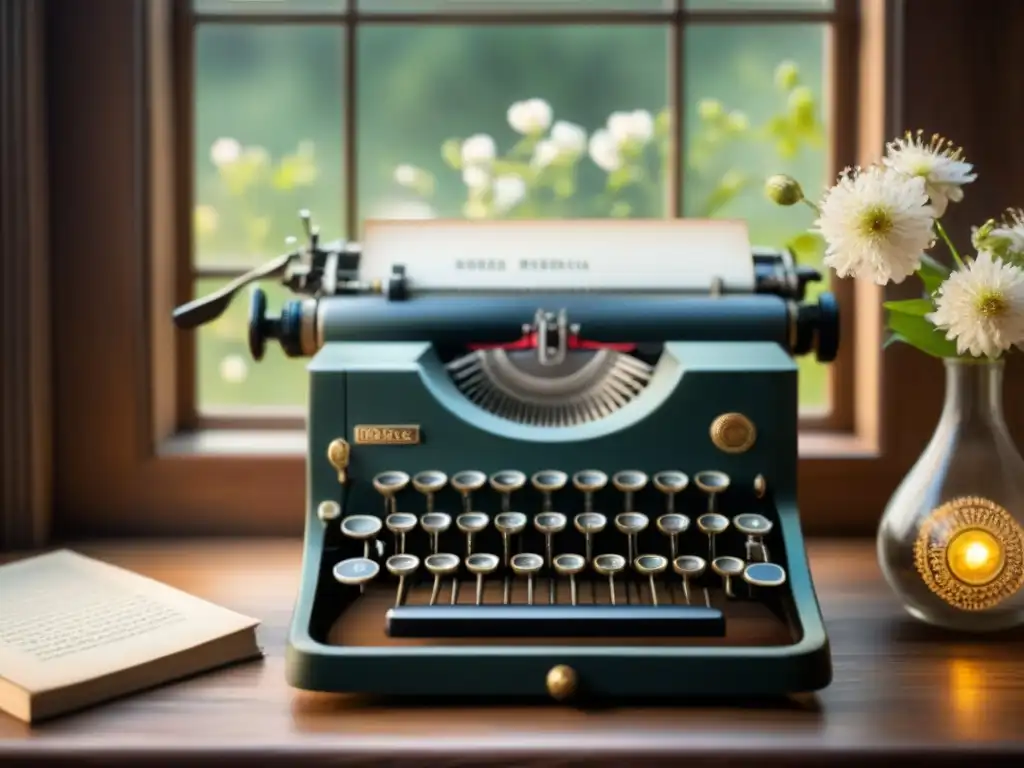 Un antiguo y detallado escritorio con máquina de escribir rodeada de flores, inspirado en la reinvención de la palabra poesía de Alejandra Pizarnik