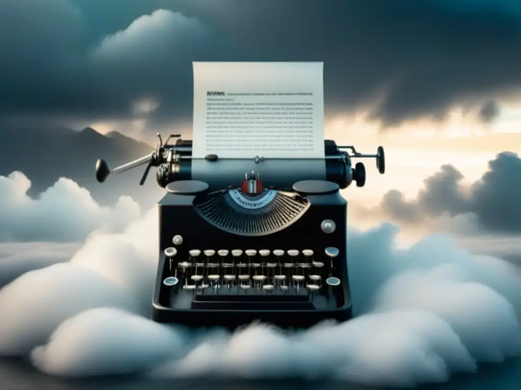 Escritura en las nubes: máquina de escribir vintage en un mar de misterio Un antiguo y misterioso escritorio de máquina de escribir en un mar de nubes surrealistas, iluminado por teclas brillantes