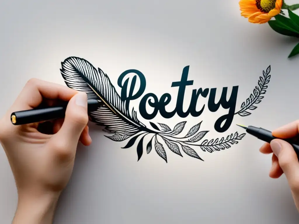 Pluma poética: transformación en flores Un antiguo plumín entrelazando palabras en flores, simbolizando el poder transformador de la poesía