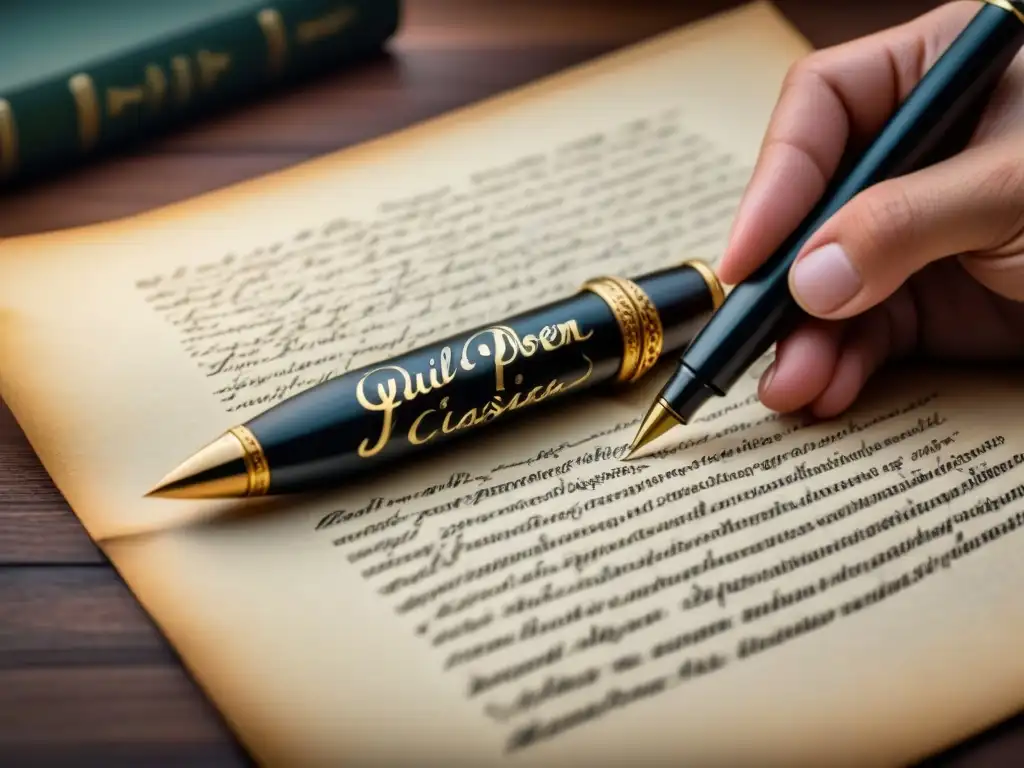 Arte de la caligrafía: pluma vintage escribiendo poesía Un antiguo plumín escribiendo un poema clásico en pergamino en blanco y negro, destacando la elegancia y tradición de la poesía clásica