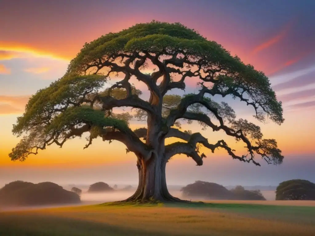 Un antiguo roble solitario se yergue contra un vibrante atardecer, sus ramas danzan hacia el cielo en un aura de serenidad y fuerza