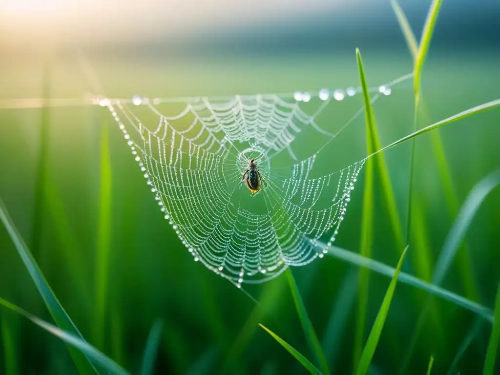 Una araña delicada teje su tela entre las briznas de hierba cubiertas de rocío, evocando la belleza de las metáforas en poesía lírica