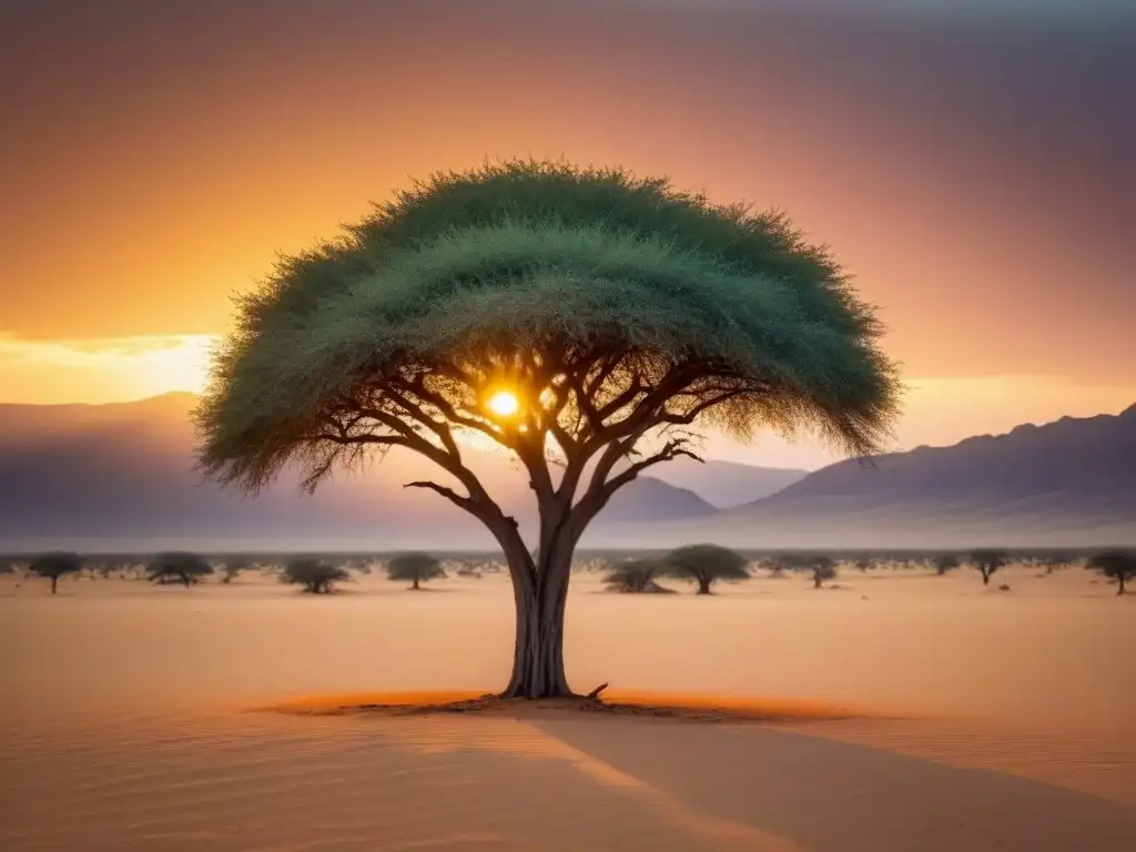 Un árbol de acacia solitario destaca en el desierto africano al atardecer, simbolizando resiliencia en poesía africana