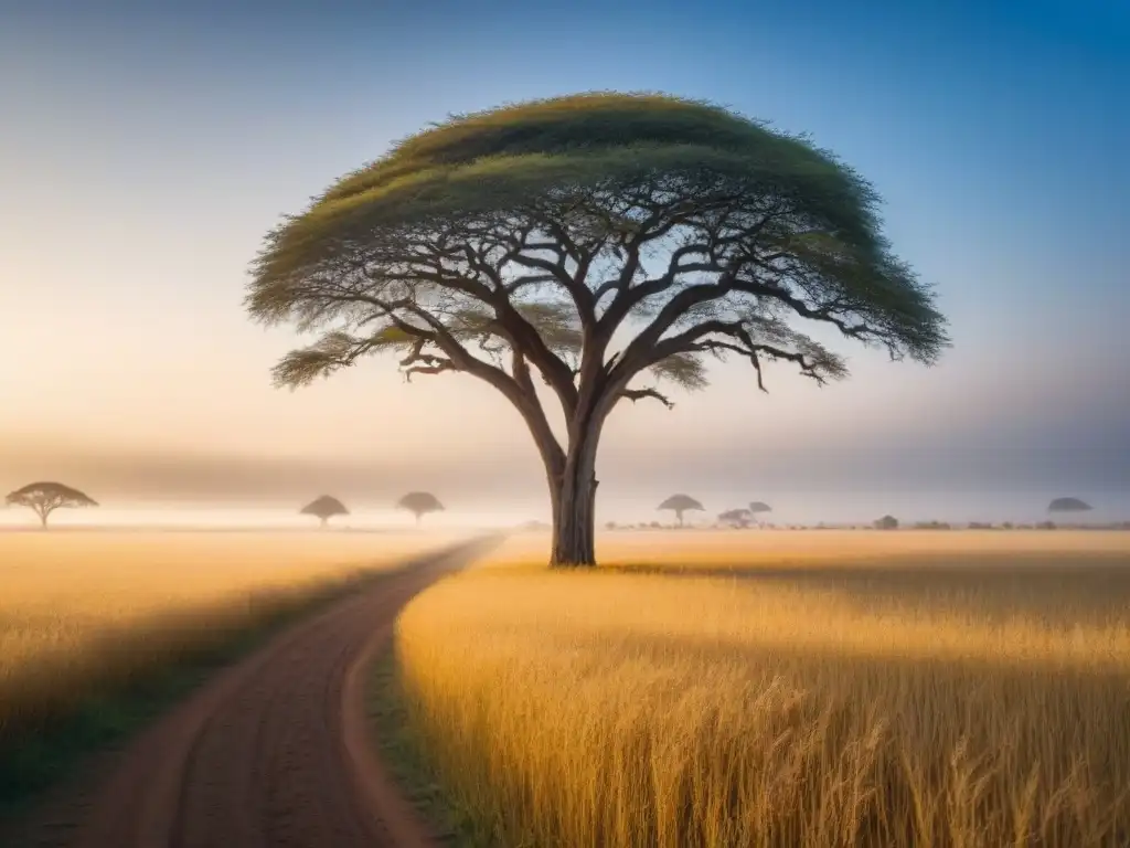 Un árbol de acacia solitario destaca en la vasta sabana africana bajo un cielo azul