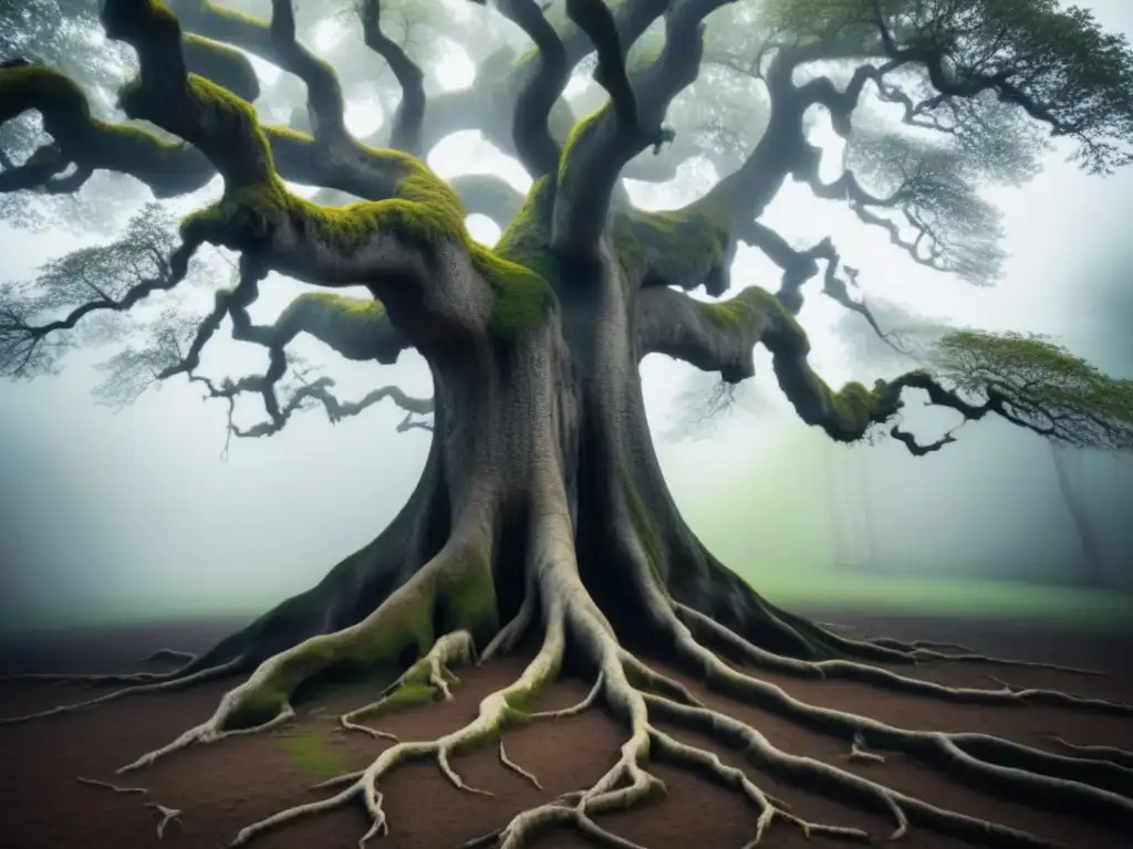 Árbol ancestral en blanco y negro con raíces entrelazadas simbolizando la conexión entre espiritualidad y poesía ancestral