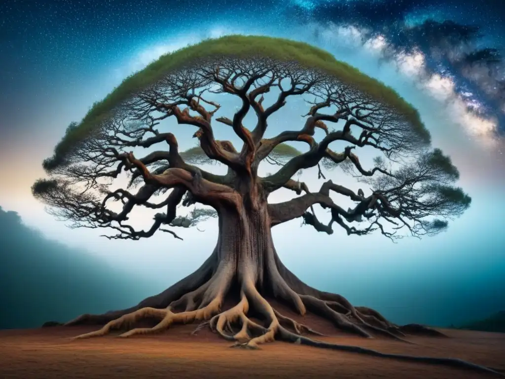 Árbol ancestral conectado con el cosmos, reflejando la espiritualidad en poesía ancestral