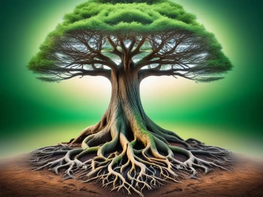 Un árbol ancestral, símbolo de conexión espiritual y sabiduría, en una ilustración digital detallada