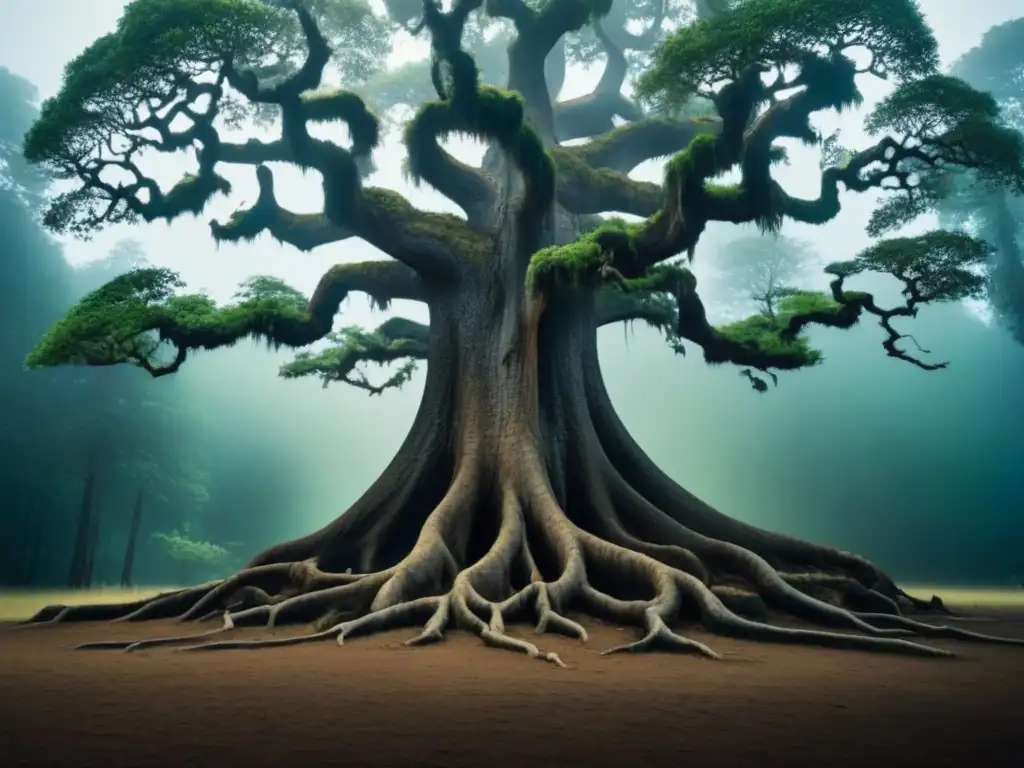 Árbol ancestral con raíces profundas en la tierra, rodeado de bosque sereno