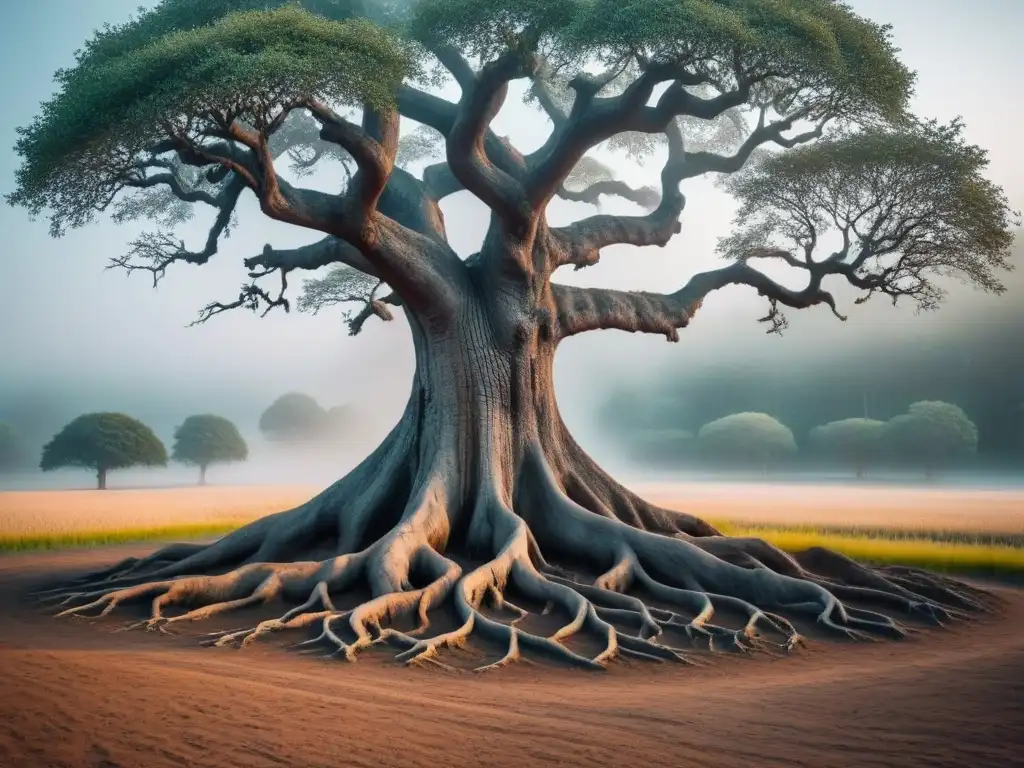 Un árbol ancestral con raíces profundas y versos de poesía entrelazados, simbolizando la importancia de la herencia cultural poesía