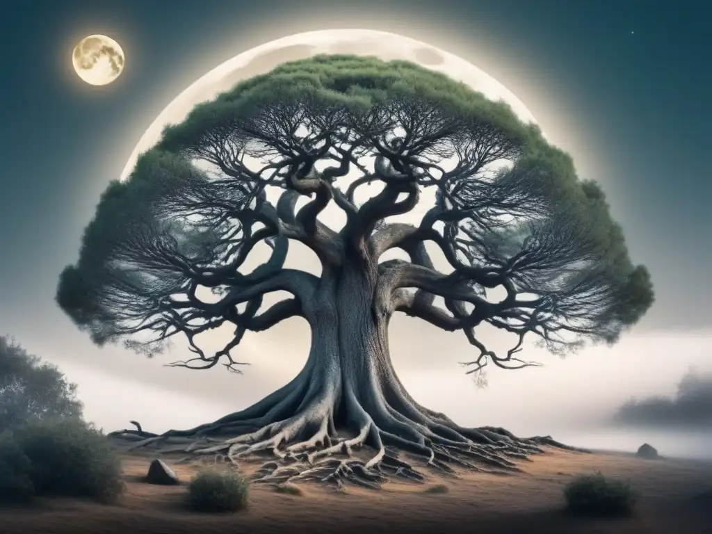 Árbol ancestral con raíces y símbolos, poesía en la noche de luna llena