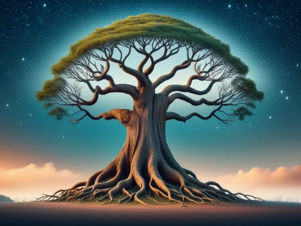 Un árbol antiguo con raíces enredadas y versos poéticos, simbolizando la poesía ecocrítica tradición rimar bajo un cielo estrellado