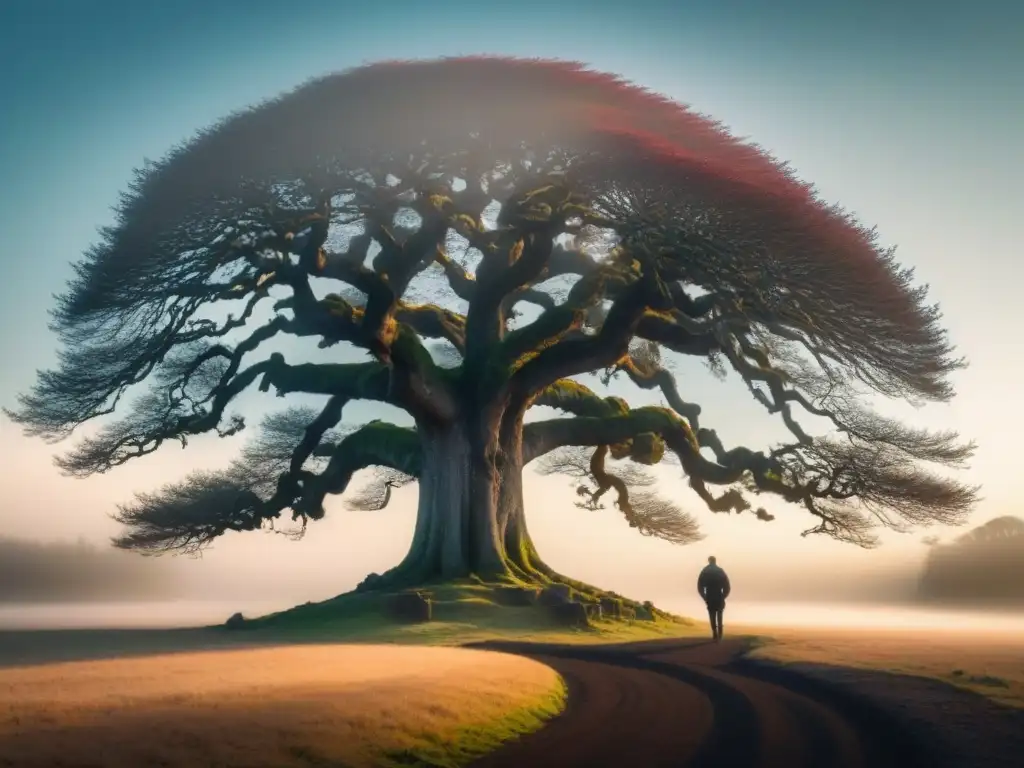 Un árbol antiguo y sereno abraza el cielo, simbolizando la poesía transformadora para crisis ambiental