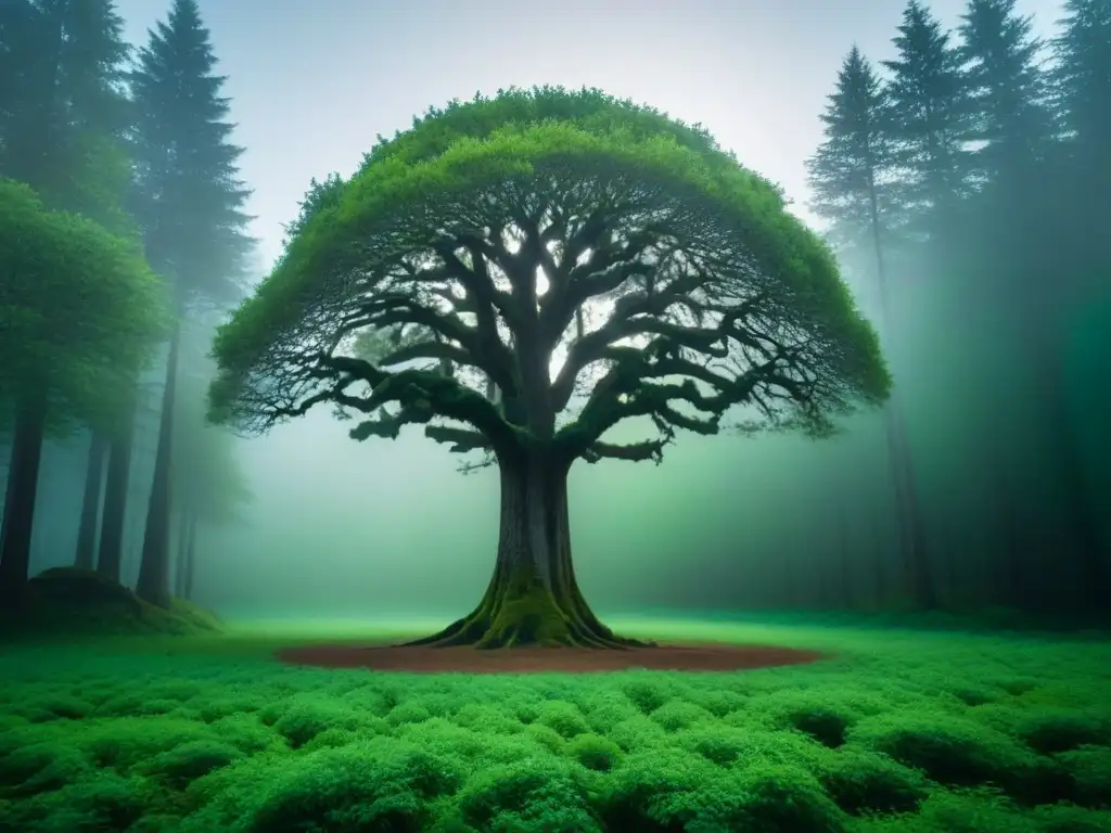 Un árbol antiguo solitario en un bosque exuberante, proyectando sombras fascinantes