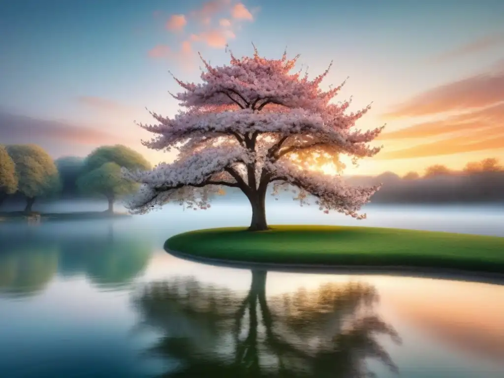 Árbol de cerezo en flor con pétalos cayendo sobre un estanque sereno al atardecer, poesía amor japonesa traducción delicada