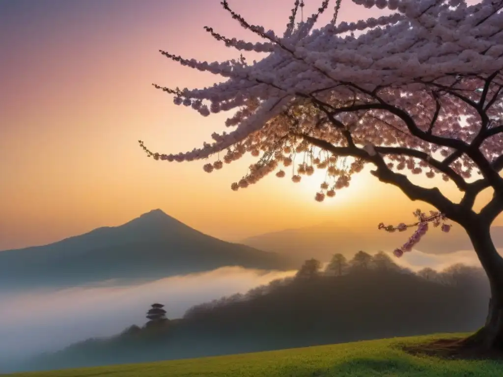 Árbol de cerezo en flor solitario al amanecer, iluminado por los primeros rayos dorados del sol