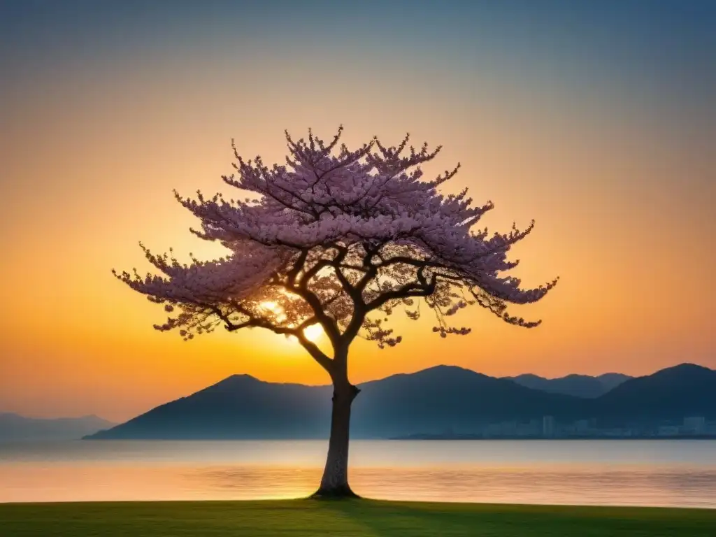 Un árbol de cerezo solitario se yergue contra un sereno atardecer, simbolizando la resiliencia y belleza en la poesía diáspora coreana transformadora