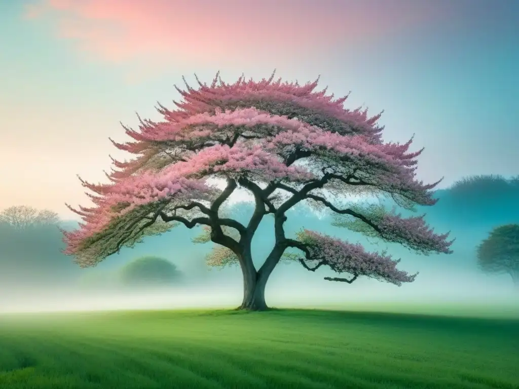 Un árbol de cerezo solitario en tinta, destaca en un campo verde vibrante