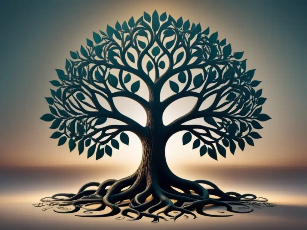 Un árbol delicado con raíces profundas entrelazadas con versos poéticos, simbolizando la importancia de la herencia cultural en la poesía