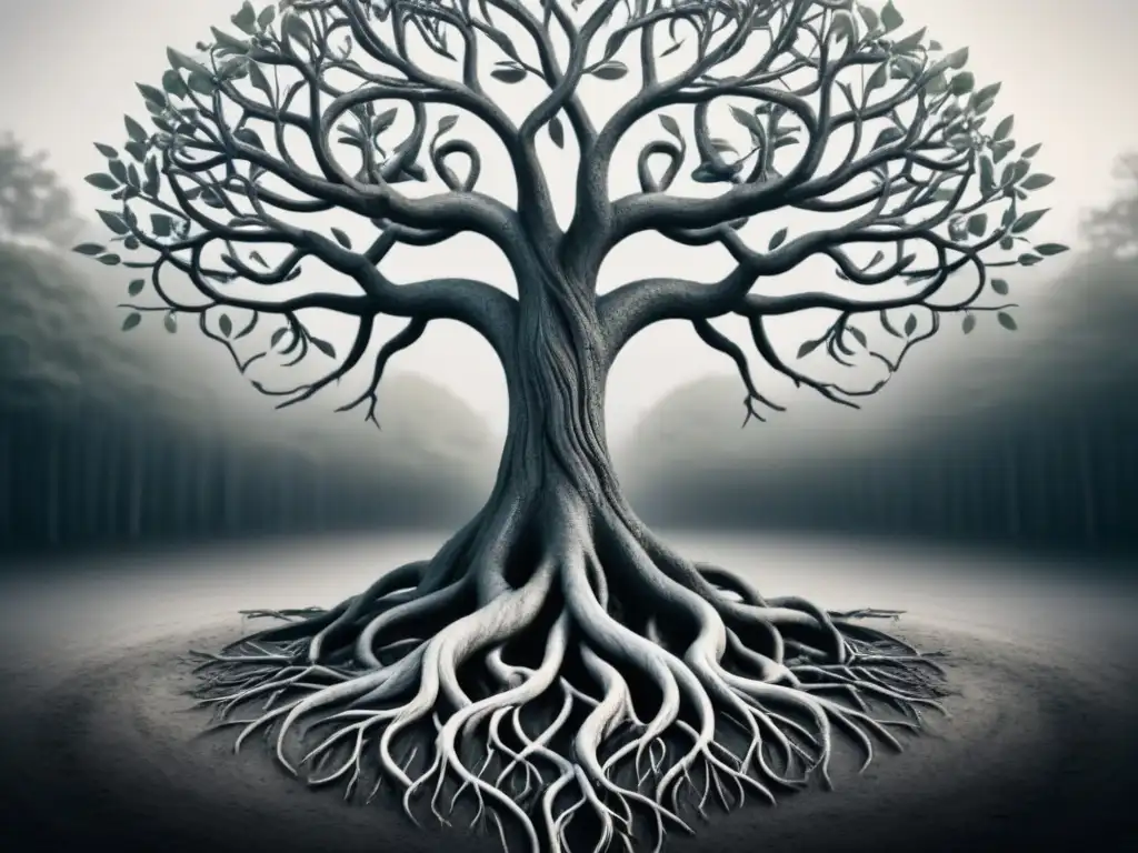 Árbol de identidades: poesía entrelazada en raíces y ramas Un árbol entrelazado con raíces extendidas y ramas al cielo, palabras diversas y versos poéticos, exploración identidad poesía transformadora