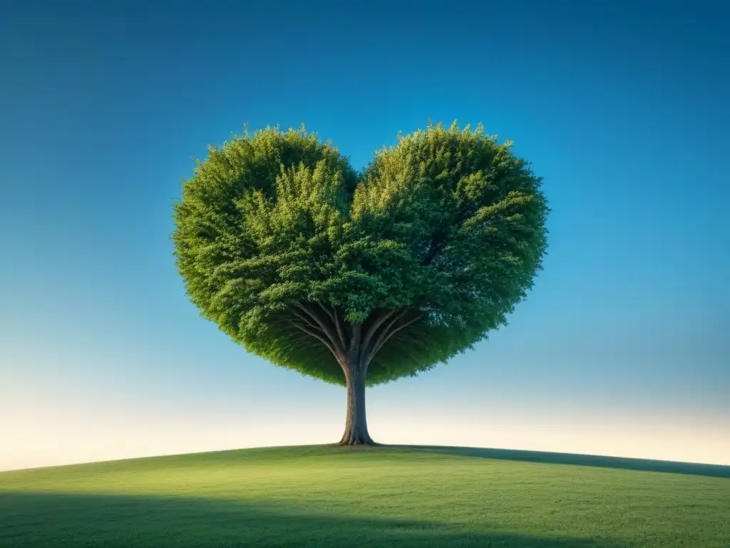 Árbol en forma de corazón en prado tranquilo bajo cielo azul