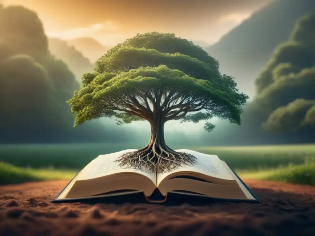 Un árbol gigante con raíces entrelazadas alrededor de un libro, símbolo de la unión entre poesía y naturaleza en la lucha contra el cambio climático