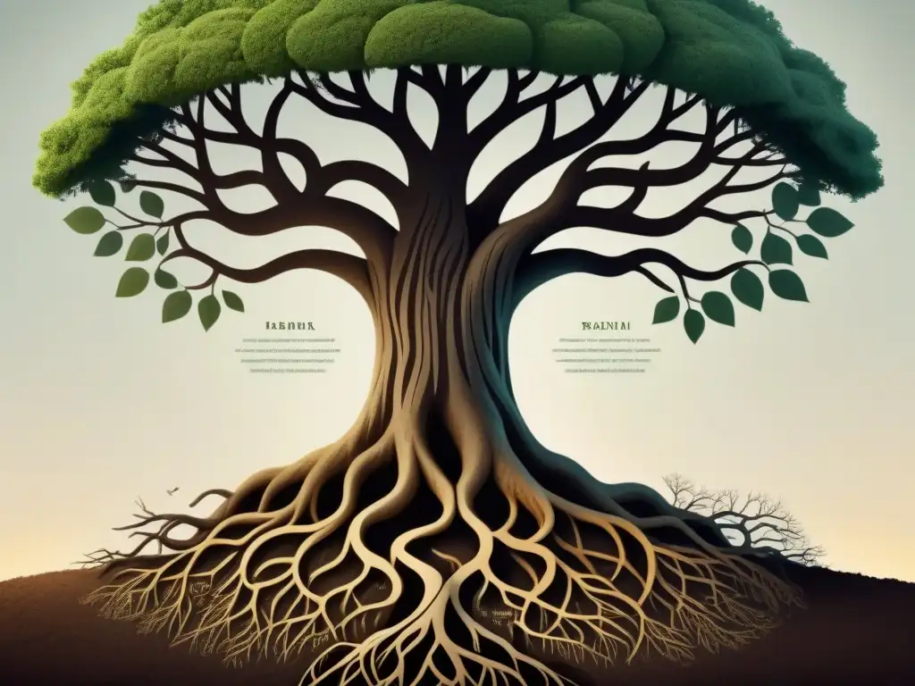 Un árbol ilustrado con raíces que representan la importancia de la herencia cultural y poesía en distintos idiomas y scripts