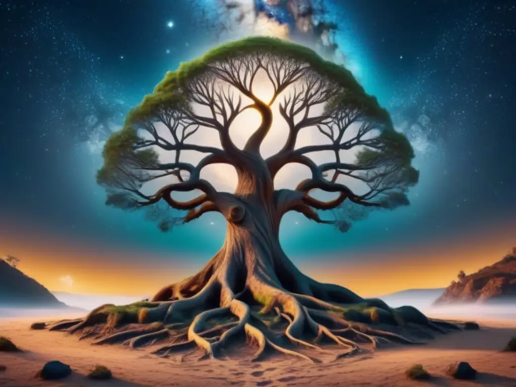 Un árbol majestuoso con raíces intricadas y ramas iluminadas por linternas, conectando la tierra y el cielo en una interpretación poética de Hafiz