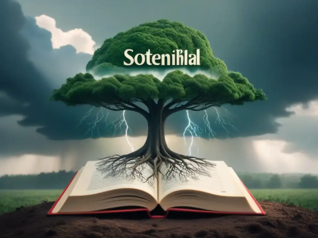 Un árbol poderoso surge de un libro de versos, raíces con 'sostenibilidad' y 'resiliencia', bajo nubes de tormenta