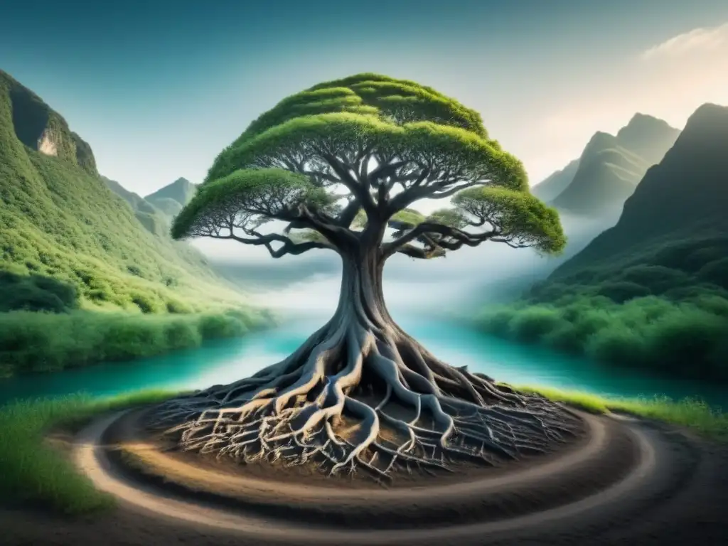 Árbol sagrado: ilustración minimalista en blanco y negro Árbol sagrado con raíces profundas y ramas extendidas, rodeado de montañas y ríos
